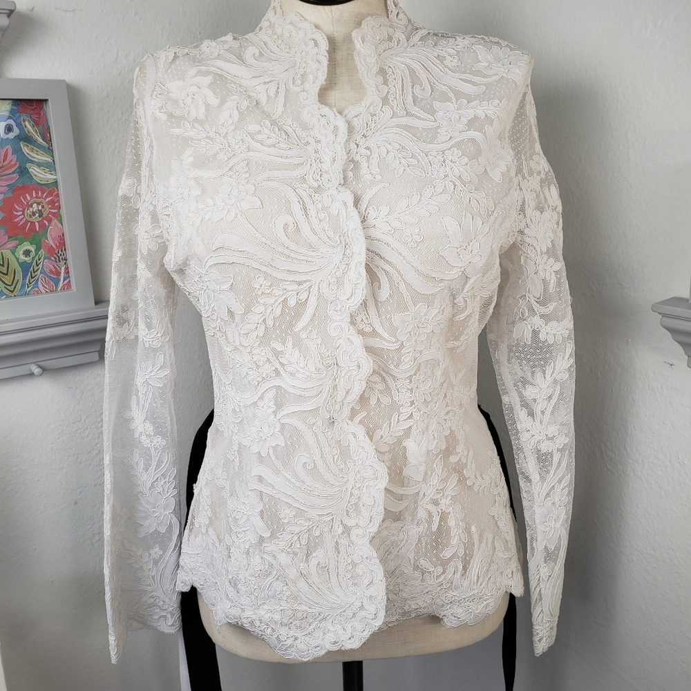 Victor Costa White Lace Embroidery Sheer Formal Feminine Snap Victorian - Picture 3 of 15
